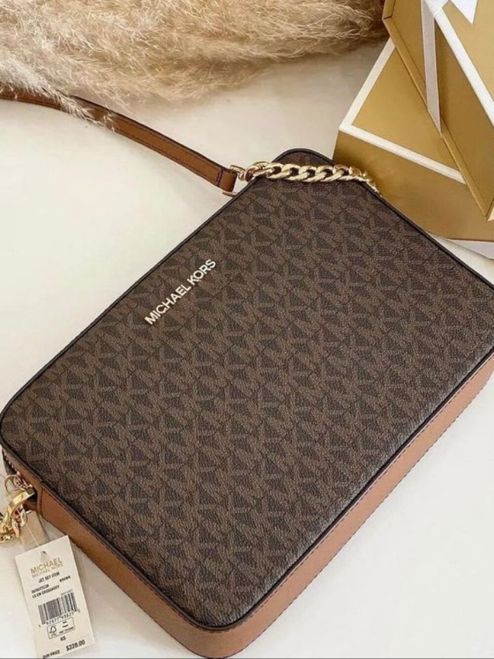 Michael Kors Jet Set Item Large East West Chain Crossbody Brown Signature NWT